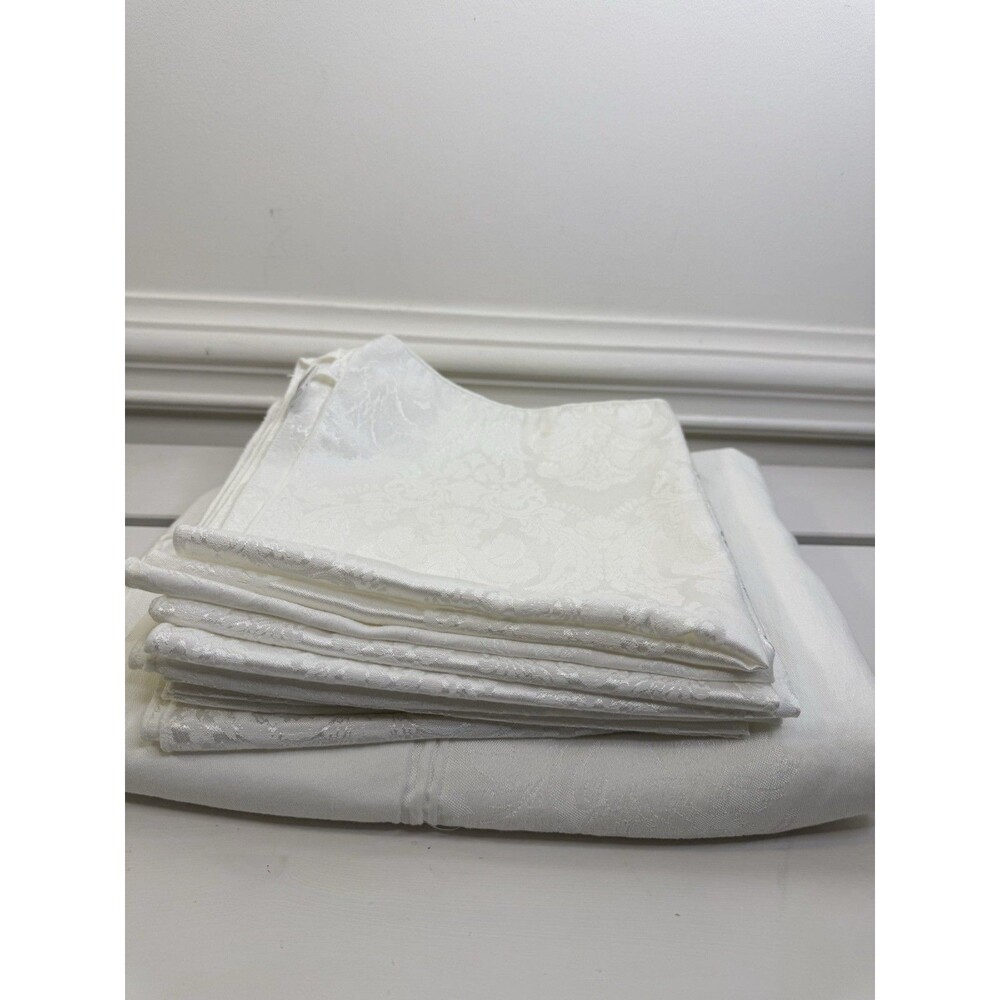 Vintage Ivory Damask Tablecloth 80x110 Semi Round & 10 Napkins 19x19 Set
